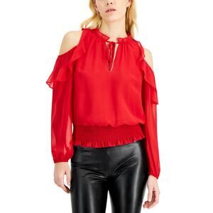 Inc International Concepts Ruffled Cold-Shoulder Top Real Red Women's Size XS